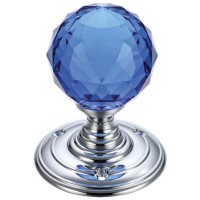 Glass Ball Mortice Door Knob Blue Facetted 70mm Rose CP